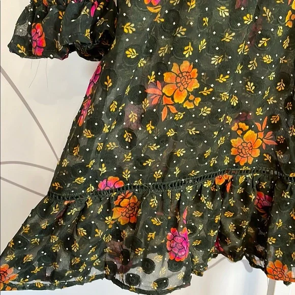 ANGIE- Black Dress with Vibrant Floral Design High Ruffled Neck size M - Picture 8 of 8